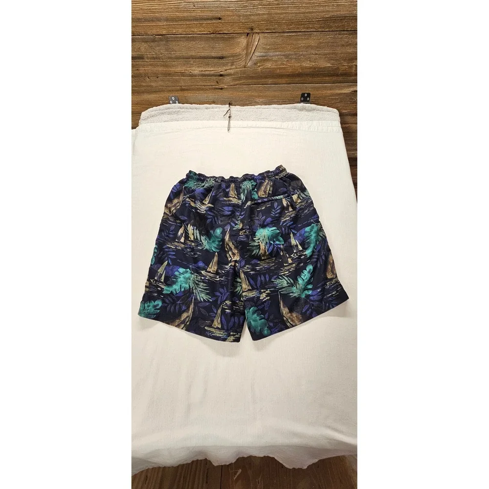 Covington Mens Tropical Sailboat Print Swim Trunks Navy Teal Size Medium 32-34